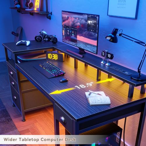 Furologee 60" Gaming Desk with 4 Drawers & LED Lights, Power Outlet, Black - color: Black, size: 60 Inch