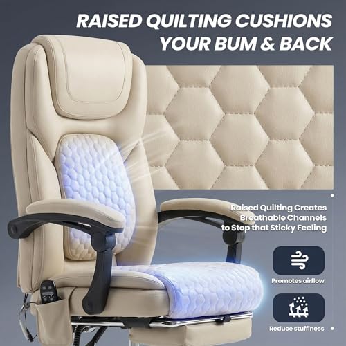 MALOL 300 lbs Massage Office Chair, Big and Tall Desk Chair with 3-Level Heat and Footrest, PU Leather Ergonomic Executive Computer Chair with Side Pocket, Beige - color: Beige, size: Set of 1, style: Classic