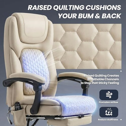 MALOL 300 lbs Massage Office Chair, Big and Tall Desk Chair with 3-Level Heat and Footrest, PU Leather Ergonomic Executive Computer Chair with Side Pocket, Beige - color: Beige, size: Set of 1, style: Classic