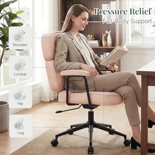 Ergonomic Leather Office Chair, High Back Executive Desk Chair | Comfy Lumbar Support, Padded Arms, Adjustable Height, 360° Swivel Rolling Computer Chairs for Home Office, Pink - color: Pink