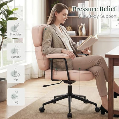 Ergonomic Leather Office Chair, High Back Executive Desk Chair | Comfy Lumbar Support, Padded Arms, Adjustable Height, 360° Swivel Rolling Computer Chairs for Home Office, Pink - color: Pink