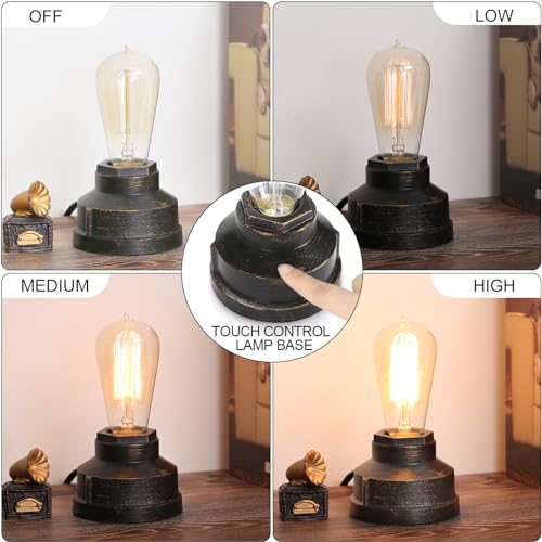 Small Touch Control Table Lamp Base, Industrial Touch Light Vintage Edison Bulb Base, Dimmable Bedside Nightstand Accent Light for Living Room Bedroom, Antique Steampunk Style