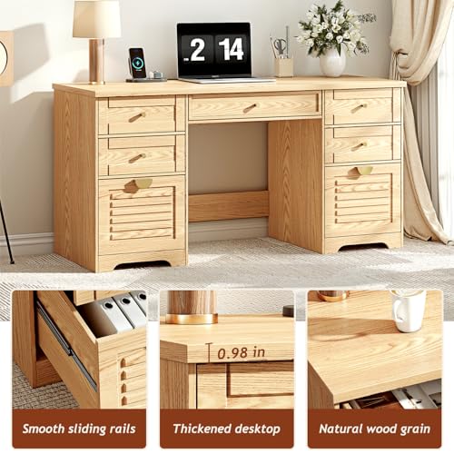 Ieejdn 59" Home Office Desks, Executive Desk, Farmhouse Computer Desk with 7 Drawers and Charging Station, File Drawer, Rustic Computer Writing Desk,Antique Wood - color: Wood, size: 59"
