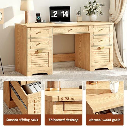 Ieejdn 59" Home Office Desks, Executive Desk, Farmhouse Computer Desk with 7 Drawers and Charging Station, File Drawer, Rustic Computer Writing Desk,Antique Wood - color: Wood, size: 59"