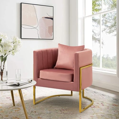 Velvet Accent Chair, Modern Barrel Arm Chair for Living Room/Bedroom/Beauty Salon, Upholstered Club Armchair with Pillow & Gold Base, Blush Pink - color: Blush Pink, size: 1 PC