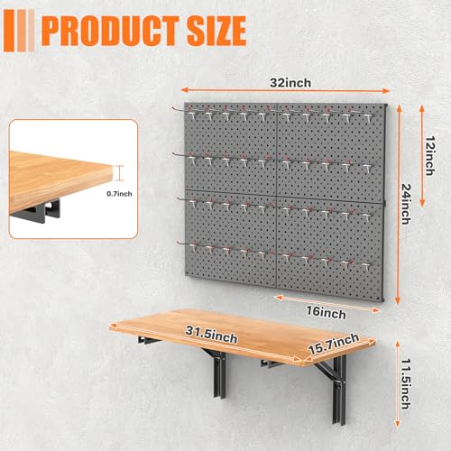 TORACK Heavy Duty Wall Mounted Folding Workbench with Pegboard Kit | Space-Saving Collapsible Wall Table/Desk with Tools Pegboard for Garage, Workshop, Holds up to 150 lbs, Size: 31.5x15.75 in - size: 31.5x15.75in tabletop