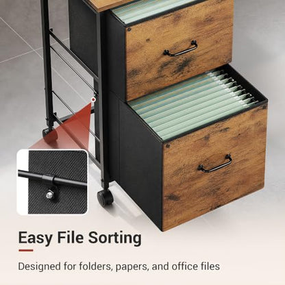 DEVAISE 2 Drawer Mobile File Cabinet, Rolling Printer Stand - color: Rustic Brown Wood Grain Print
