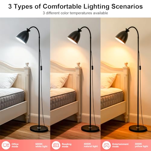 Bright Modern Black Gooseneck Floor Lamp 3-Color Dimmable - color: Black Dimming