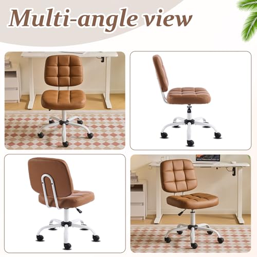 VINGLI Compact Small Desk Chair, Cute Armless Chair with Wheels, Vanity Chair with Low Back, Height Adjustable Task Chair for Small Spaces, Office, Bedroom, Make Up Room, PU Leather, Brown - color: Warm Brown