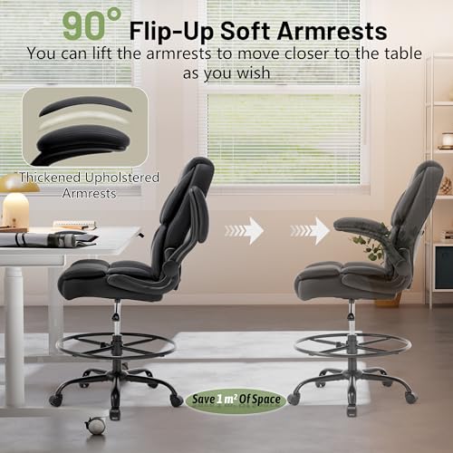 500LBS Drafting Chair, High Back Safer Standing Desk Chair, Executive Tall Office Chair with Flip-up Armrests, Upholstered PU Leather Task Chair, Ergonomic Seat with Adjustable Height&Foot Ring, Black - color: Black