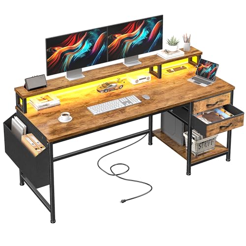 DurayLoly 55" Gaming Desk with RGB Lights & Power Outlets for Teens,Brown | Wireless Remote Full-Color Strip, Various Lighting Modes, Level Up Teens Gaming Vibe or Study for Protect Eyes In Bedroom - color: Brown, size: 55"W*20"D*35.5"H