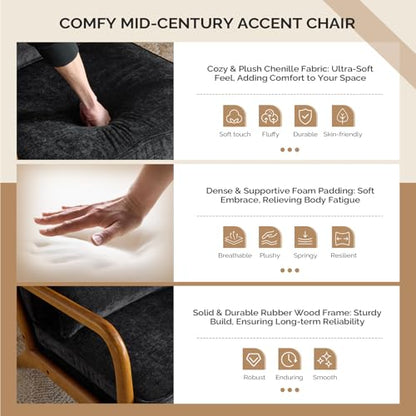 VINGLI Chenille Mid-Century Modern Accent Chair Set of 2, Cute Reading Arm Chair with Cushion & Lumbar Pillow & Solid Wood Frame for Lounge, Living Room, Reading Room, Bedroom, Black - color: Black