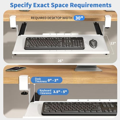 Keyboard Tray Under Desk - Full Metal Slide Out Holder, Rust-Resistant & Scratch-Proof, Double C-Clamps, 26x13" Tray for L Shape/Regular Desks, Standing/Sitting Workstation(White-A) - color: White