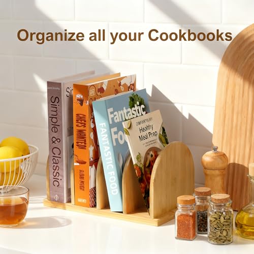 Cookbook Organizer, Wooden Countertop Bookshelf, Space-Saving Recipe Book Storage Holder, Small Desktop Display Rack forKitchen, Pantry, Home Office Counter Decor