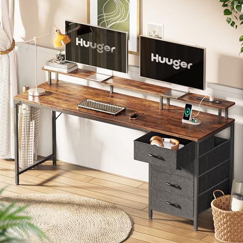 Huuger 63 Inch Rustic Brown Gaming & Office Computer Desk with 4 Drawers, Monitor Stand, LED Lights & Power Outlets - color: Rustic Brown, size: 63 INCH