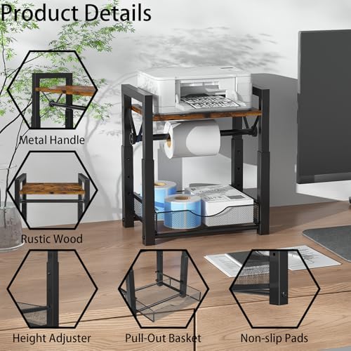 Label Holder for Rolls and Fan-Fold Labels, Modern Metal Desktop Thermal Label Printer Holder with Basket Drawer, Shipping Label Organizer, Sticker Roll Dispenser for Small Business, Office, Black