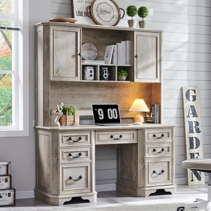 T4TREAM 59" Farmhouse Wood Desk Hutch with Ample Storage, Only Match VSC Series Farmhouse Desk (Light Rustic Oak) - color: Light Rustic Oak, size: Hutch Only