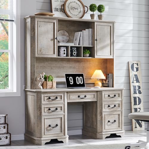 T4TREAM 59" Farmhouse Executive Desk with Hutch,Wood Home Office Computer Desk, Featuring Keyboard Tray,Charging Station,File Drawer, Storage Cabinet,for Work and Study (Light Rustic Oak) - color: Light Rustic Oak, size: Executive Desk with Hutch