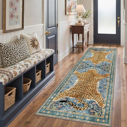 Leopard Rug 2x5 Cheetah Animal Print Rug Washable Runner for Hallway Blue - color: Area Blue, size: 2'x5'