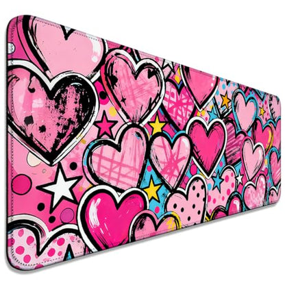 Pink Heart Star Large Mouse Pad & Desk Mat for Game, Office & Home | 31.5"x11.8"x0.12", HD Print, Long, Extended, Ultra-Smooth Surface, Non-Slip Rubber Base, Stitched Edges, Office Accessories - color: Xk06