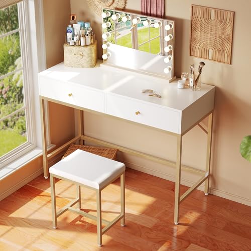 SUPERJARE 35.4" White and Gold Desk with 2 Drawers, Modern Makeup Vanity - color: Gold and White, size: 35.4 inch