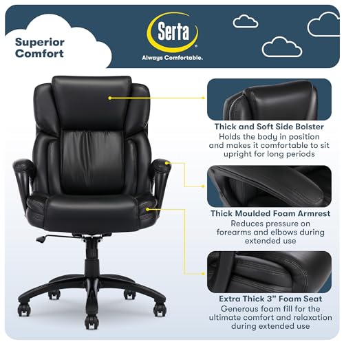 Serta Ergonomic Executive Office Chair with Lumbar Support, Leather Chair | Garret, Back Pain Relief, Foam Seat Cushion, Padded Arms, Adjustable Height and Tilt, Office Chair with Wheels, Space Black - color: Space Black