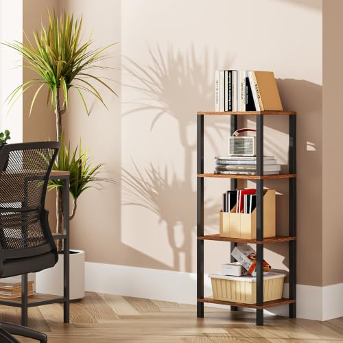 TUTOTAK Bookshelf, 4-Tier Small Narrow Book Shelf for Small Space | 10.7 x 14.5 x 40.8 Inches Skinny Display Shelf with Storage for Living Room, Office, Study, Entryway, Brown BS01BB004 - color: Brown, size: 4-Tier(10.7 x 14.5 x 40.8 Inches)