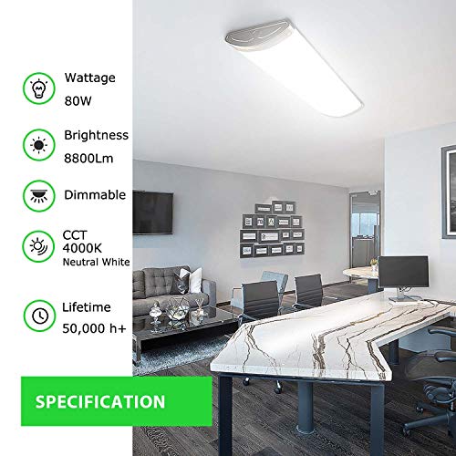 4FT Dimmable LED Light Fixture 80W 4000K Flush Mount, 2 Pack - size: 4FT