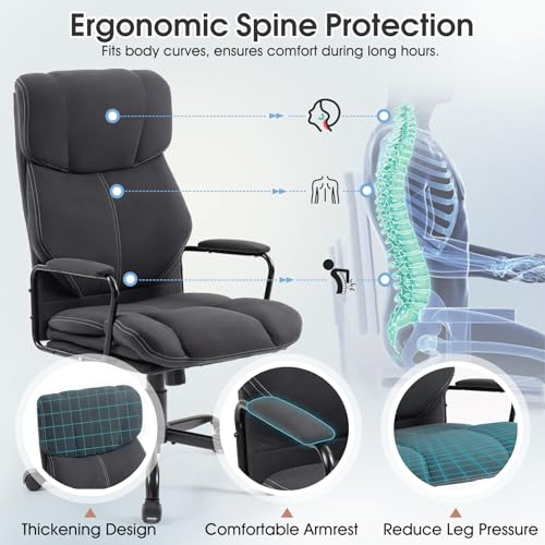 Dark Gray Big and Tall Ergonomic Executive Office Chair | Thick Cushion, Lumbar Support, Adjustable Height & Armrests, Rolling Swivel - color: Grey, style: fabric w/o footrest