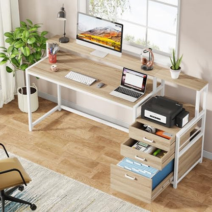 Tribesigns 63 Inch Computer Desk with File Drawer Cabinet, Home Office Desk - color: Walnut