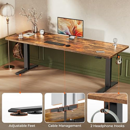 Huuger 78.7'' x 29.5'' Large Electric Standing Desk, Height Adjustable Computer Desk, 29.5" Deep Desktop, Stand up Gaming Office Desk with 2 Hooks, 3 Preset Heights, for Home Office, Rustic Brown - color: Rustic Brown, size: 78.7*29.5 inch (no outlets)