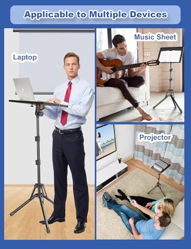 GSOW Projector Stand, Adjustable 26-56" Laptop Tripod with Carry Bag | sturdy foldable aluminum frame, anti-slip legs, holds 55lb, raised-edge tray, mouse tray, for office, home, stage, DJ