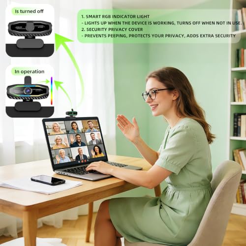 1080P HD Webcam, USB Plug & Play Computer Camera, Auto Low-Light Streaming Camera, RGB Status Light Web cam, Noise-Canceling Microphone Webcam - for Video on Laptop & Desktop