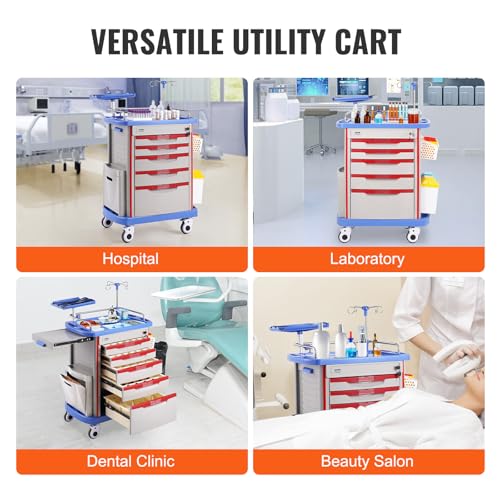 VEVOR Medical Crash Cart, Nursing Emergency Rolling Cart with 5 Drawers & 4 Silent Wheels, Adjust IV Pole, Needle Disposal Holder, Trash Bin, O2 Holder, Mobile Trolley for Hospital, Clinic, Lab, Salon - color: Grey + Blue