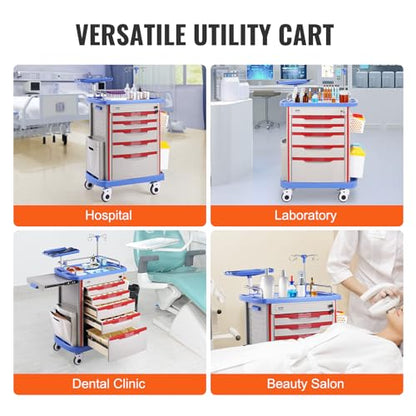 VEVOR Medical Crash Cart, Nursing Emergency Rolling Cart with 5 Drawers & 4 Silent Wheels, Adjust IV Pole, Needle Disposal Holder, Trash Bin, O2 Holder, Mobile Trolley for Hospital, Clinic, Lab, Salon - color: Grey + Blue