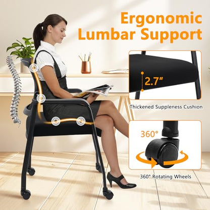 KLASIKA Waiting Room Office Reception Stackable Chairs with Wheels Ergonomic Mesh Back Home Desk Chair with Thick Cushion and Arm for Guest Conference Meeting Lobby Church Medical (1 PK) - color: Black, size: 1 PK
