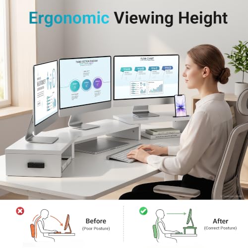 BONTEC Triple Monitor Stand Riser with Smartphone Holder, White - color: White, size: 53.3 in