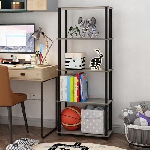 Furinno Turn-N-Tube Toolless Assembly 5-Tier Storage Shelves, Grey Book Shelf, Open Storage Bookshelf, for Organization and Storage, Living Room, Home Office, Bedroom, Grey Oak - color: Grey Oak/Black