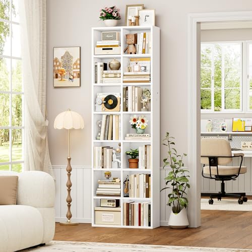 FOTOSOK Bookshelf Bookcase 7-Tier White Bookshelf Tall CD Media Tower Rack - color: White