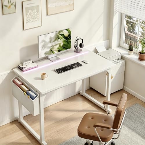 DurayLoly 40" Gaming Desk with Waterproof LED Lights for Bedroom,White - color: White, size: 40 IN