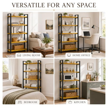 Real Solid Wood Rustic Vintage Industrial Etagere Bookshelf, Metal & Timber Free Vintage Bookcase, Golden (Genuine Timber) (5-Tiers-Golden Oak) - size: 5-Tiers-Golden Oak