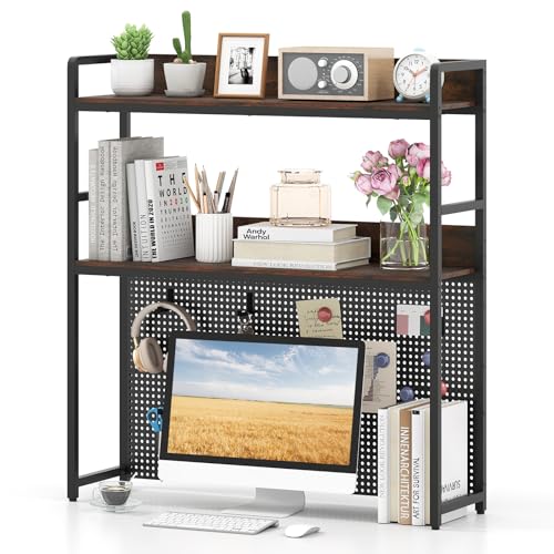 Tangkula Desktop Bookshelf, Multipurpose 2-Tier Desk Hutch with Pegboard, Industrial Countertop Storage Organizer Rack for up to 32" Computer Monitor, Hutch for Dorm Home Office (Rustic Brown) - color: Rustic Brown
