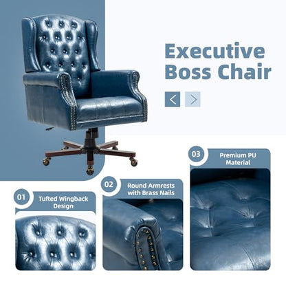 ECOTOUGE Executive Desk Chair, Wingback Ergonomic Home Office Chair, Blue | Faux Leather Wingback Home Office Chair with Nail Head Trim & Tufted Back, Computer Chair for Office and Living Room - color: Deep Blue