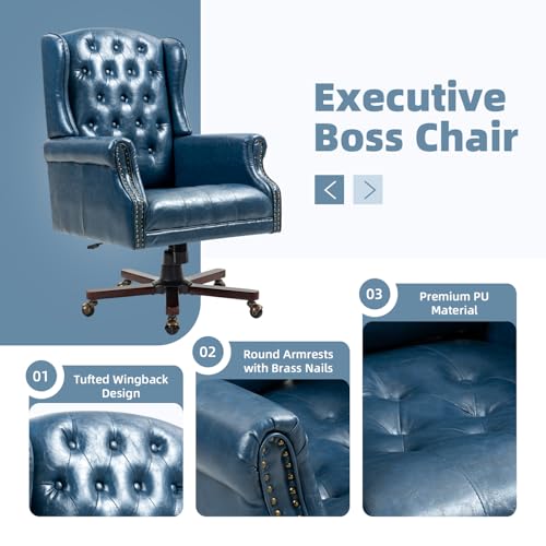 Upgraded 2026 Executive Desk Chair, Ergonomic Recliner Chair, Blue | Faux Leather Wingback Home Office Chair with Nail Head Trim & Tufted Back, Big and Tall Office Chair for Home and Living Room - color: Deep Blue, style: Modern
