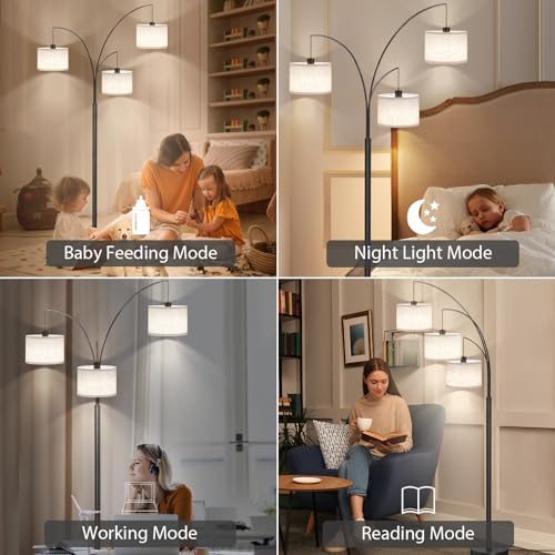 SUNMORY 3 Lights Floor Lamp with Remote Control and 3 Stepless Dimmable Bulbs, 78" Tall Standing Lamp with Hanging Drum Shade & Heavy Base, Modern Arc Floor Lamps for Living Room, Bedroom, Office | 3 Stepless Dimmable Bulbs, Hanging Drum Linen Shade & Hea
