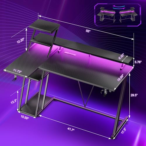 Korfile 55 Inch Gaming Desk with Power Outlet, LED, Monitor Stand, Black | Gaming Computer Desk, L Shaped Gamer Workstations, Storage Shelves, for Bedroom & Gaming room - size: 55 Inches