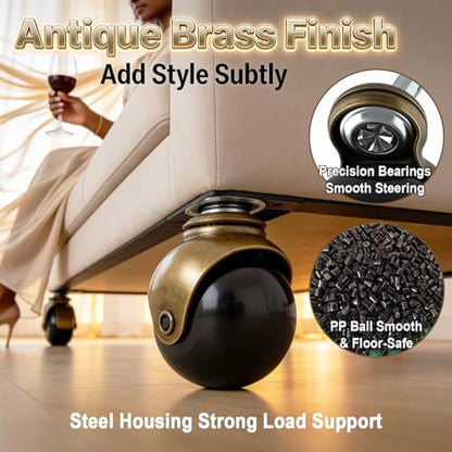 2" Ball Caster Wheels Set of 4, Antique Brass Furniture Casters with Stem & Sleeve, Heavy Duty Swivel Ball Casters for Chairs, Cabinets, Shelves, DIY Furniture (Bronze-12pcs) - color: Bronze-12pcs