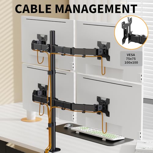 Black Quad Monitor Arm Mount for 13-27 Inch Screens | Ultrawide Screens Up to 34 inch Fully Adjustable Stand with C-Clamp/Grommet Base Max VESA 100x100 Each Screen Capacity 22lbs - size: 4 Arms for 13"-27"