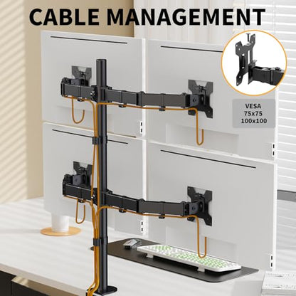 Black Quad Monitor Arm Mount for 13-27 Inch Screens | Ultrawide Screens Up to 34 inch Fully Adjustable Stand with C-Clamp/Grommet Base Max VESA 100x100 Each Screen Capacity 22lbs - size: 4 Arms for 13"-27"