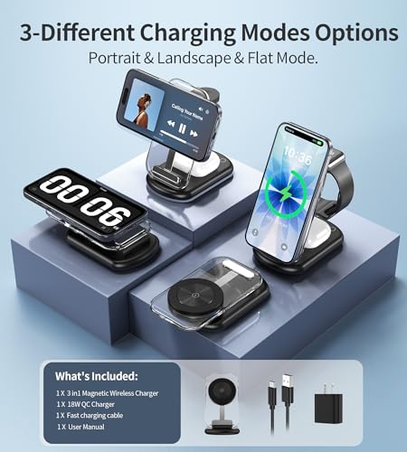 Mukiya 3 in 1 Magnetic Wireless Charging Station for Apple Devices | Fast Foldable Travel Charger Stand with Night Light for Mag-enabled iPhone 17 16 15 14 13 12 Series, Apple Watch/AirPods Pro - color: Upgraded Black